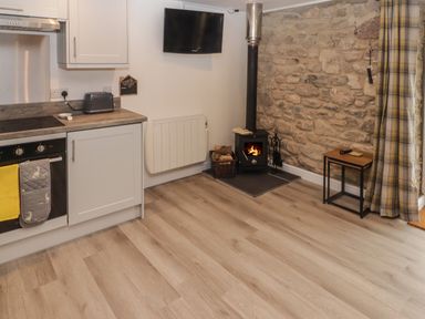 A kitchen area with white cabinets a toaster stove and oven and a small wood burning stove with fire beside a stone wall and a small table with a remote at The Nest in Amroth