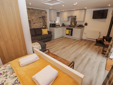 A room with a bed with towels wooden door gray sofa kitchen cabinets stove microwave television and a wood burning stove at The Nest in Amroth