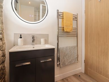 A bathroom sink with soap dispenser and cup under a round mirror and a towel rack with two towels next to a wooden door at The Nest in Amroth