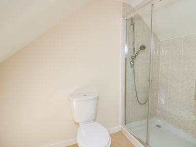A bathroom with a toilet and a glass enclosed shower at Railway Station Cottage in New Radnor near Kington