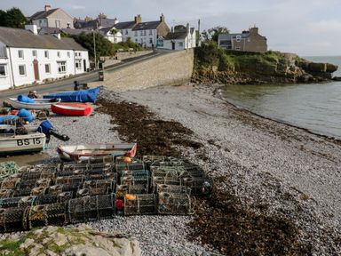 A pebble beach with fishing boats and lobster pots near houses by the sea at 3 Moranedd in Moelfre