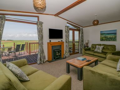 A living room with green sofas a wooden coffee table a mounted television and a fireplace at Three Views Lodge in Whitsand Bay Fort Holiday Village