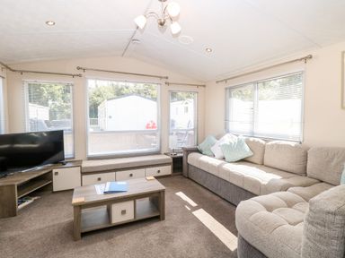 A living room with a large sofa coffee table television and windows with blinds at Hazell Thorne Hideaway in Fritton