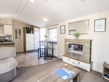 A living area with a fireplace a mirror above it a wooden coffee table and a small dining table with chairs at Hazell Thorne Hideaway in Fritton