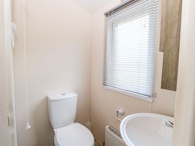 A small bathroom with a toilet and a sink under a window with blinds at Hazell Thorne Hideaway in Fritton