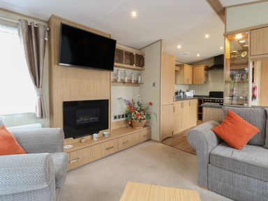 A living room with a wall-mounted TV and fireplace two grey sofas with orange cushions and an open kitchen at Stanleys Lodge Foxburrow Hang in Belton Norfolk