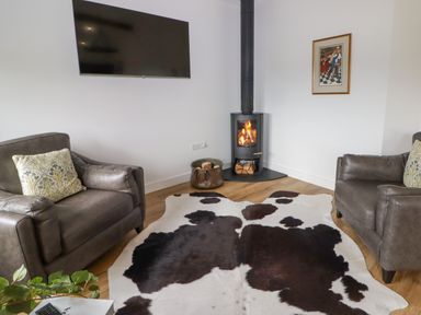 A living room with leather armchairs a wood burning stove a wall-mounted television and a cowhide rug at Monks Rest in Monknash