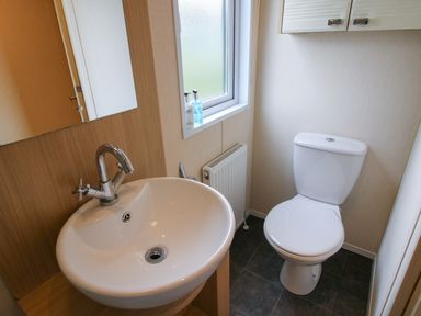 A bathroom with a white sink and faucet a toilet a window with toiletries and a radiator at Dove in Shobdon