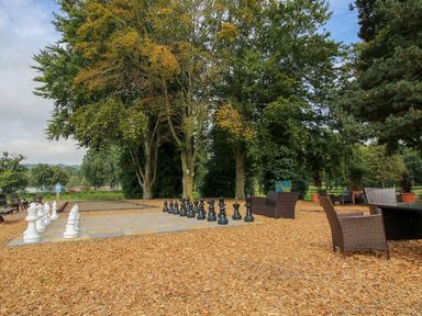 An outdoor area with a large chessboard and oversized chess pieces surrounded by trees and wicker chairs at Dove in Shobdon
