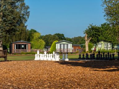 An outdoor area with large chess pieces and holiday homes at Dove in Shobdon