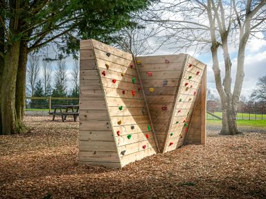 A climbing wall in a park area with trees and a picnic table at Dove in Shobdon