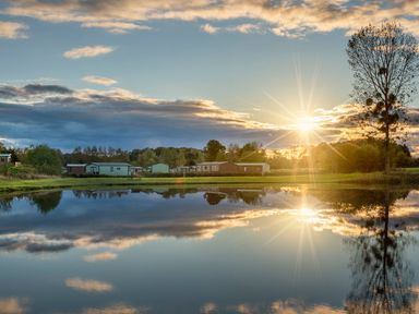 A landscape with a lake and mobile homes surrounded by trees at Dove in Shobdon