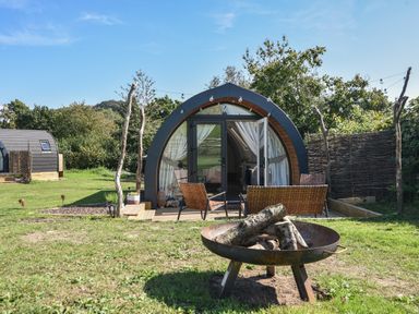 A grassy outdoor area with a fire pit and two woven chairs in front of a pod-shaped cabin with glass doors