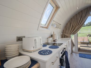 A kitchen counter with a toaster bowls plates and mugs hanging on hooks at Cedar in Wootton Fitzpaine near Charmouth