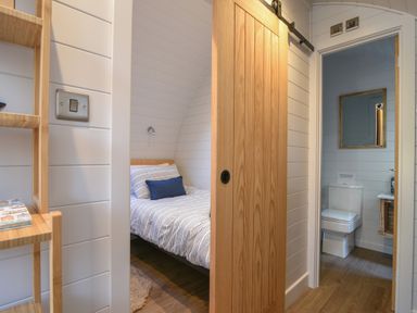 A bedroom with a bed and blue cushions next to a bathroom with a toilet and mirror at Cedar in Wootton Fitzpaine near Charmouth