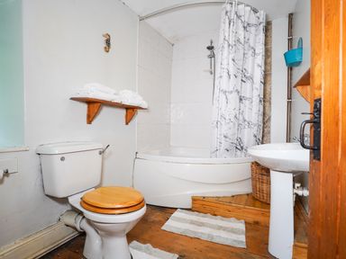 A bathroom with toilet wooden seat bathtub with shower and curtain pedestal sink and shelves with towels at Delfryn Goginan in Goginan near Aberystwyth