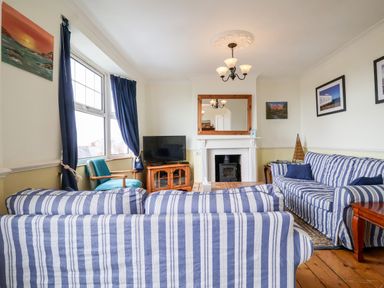 A living room with blue striped sofas a wood stove and a television at The Pink House in Felixstowe Suffolk