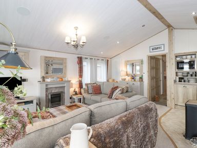A living room with sofas a fireplace and a kitchen area at Pine Lake View Coniston View 3 Carnforth