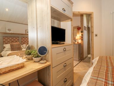 A bedroom with a television on a chest of drawers and a dressing table with a mirror and plants at Pine Lake View Coniston View 3 Carnforth