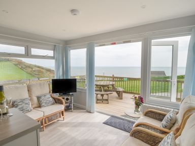 A living room with two armchairs a sofa a small round table with flowers and a TV with a view of a deck with picnic table and grassy hill at Sealark in Eype