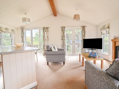 A living room with two grey sofas a wooden coffee table with board games and a television at The Hideaway in Eype