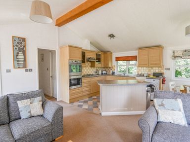 An open plan living area with a kitchen island two grey sofas and wooden cabinets at The Hideaway in Eype