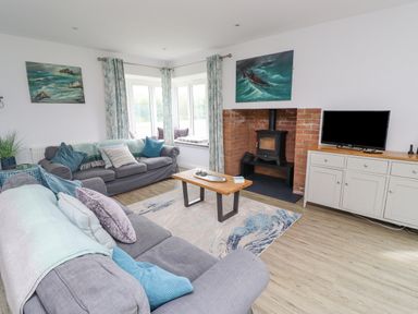 A living room with two sofas, a wooden coffee table, a wood burning stove, a TV on a sideboard and paintings on the walls at Turning Tide in Beadnell