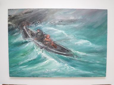 A painting of two people in a small boat on turbulent water at Turning Tide in Beadnell