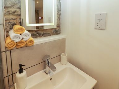 A bathroom sink with a soap dispenser and toothbrush holder a mirror and rolled towels at The Stable in Amroth