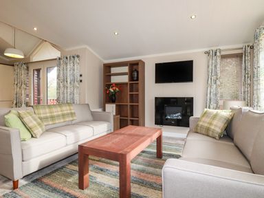 A living room with two sofas a wooden coffee table a wall-mounted TV and a fireplace at Haven Lodge Bossiney Bay near Tintagel