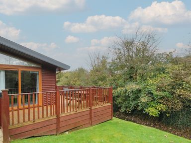 A wooden deck attached to a house with patio furniture and surrounding trees at Haven Lodge in Bossiney Bay near Tintagel