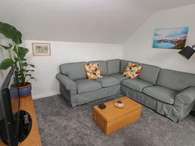 A living room with a gray corner sofa and colorful cushions a wooden coffee table a large green plant a flat screen tv and two wall pictures at The Loft @ Wisteria Cottage in Saundersfoot