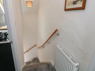 A stairway with carpeted steps wooden handrails a radiator and a framed picture on the wall at The Loft @ Wisteria Cottage in Saundersfoot