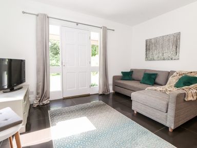 A living room with a grey sofa with green pillows a television on a white stand and a rug on the floor at Watersong in Coniston