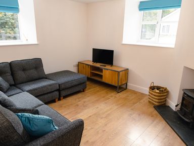 A living room with a grey sectional sofa a wooden TV stand with a television wicker basket and a wood stove at School Lodge in Llandeilo