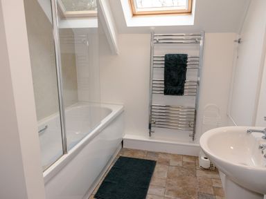 A bathroom with a bathtub shower combination towel rail sink and skylight window at School Lodge in Llandeilo