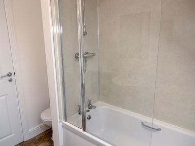 A bathroom with a bathtub shower and a toilet at School Lodge in Llandeilo