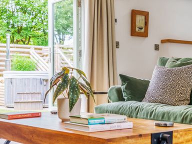 A living room with a green sofa and patterned pillow a wooden coffee table with books and a potted plant and a door opening to a garden at The Granary Davidstow near Camelford