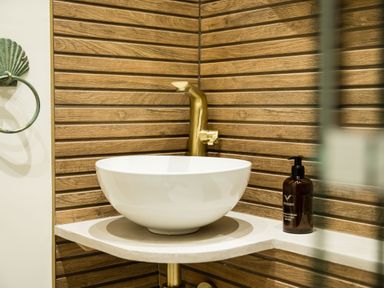 A bathroom corner with a white round sink a gold faucet wooden wall panels and a brown soap dispenser at Casa Formentera in Scarborough