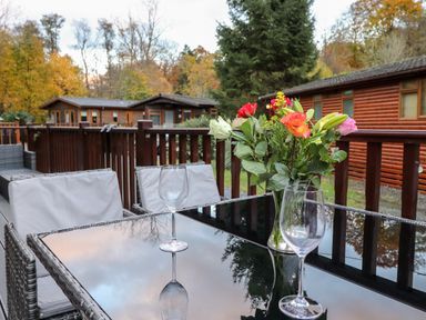 An outdoor dining table with chairs and a vase of flowers on a deck with wooden cabins and trees in the background at Ruskin Lodge Langdale 16 White Cross Bay near Windermere