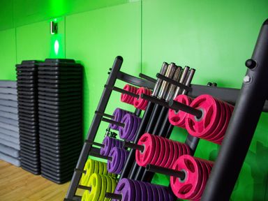 A gym area with stacked black and gray aerobic steps and a rack of colorful weight plates against a green wall at Ruskin Lodge in Langdale 16 White Cross Bay near Windermere