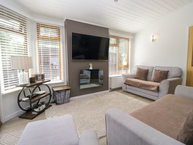 A living room with a television mounted on the wall at Ruskin Lodge, Langdale 16, White Cross Bay near Windermere