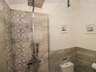 A bathroom with a shower and toilet at Ruskin Lodge, Langdale 16, White Cross Bay near Windermere