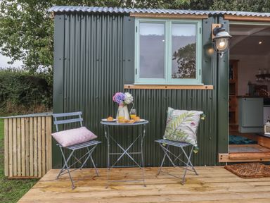 A small outdoor seating area with two metal chairs with cushions and a round table with flowers croissants and juice outside a green corrugated building at Lottie's Hut in Okehampton