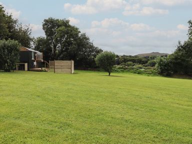 A grassy field with a small wooden structure and trees in the background at Lottie's Hut in Okehampton
