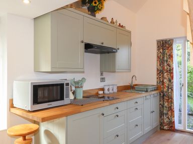 A kitchen with green cabinets a wooden countertop a microwave a stovetop a sink and a floral curtain by a glass door at The Studio at Dan y Garn in Newport Pembrokeshire