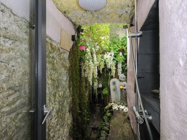 An outdoor shower area with a stone wall moss greenery hanging white flowers a small stream a statue of Buddha and a glass door at Moons Cottage in Fowey