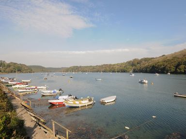 A river with numerous small boats docked and floating with wooded hills in the background at Moons Cottage in Fowey