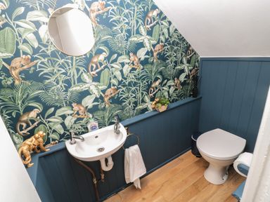 A small bathroom with a sink and toilet featuring monkey and plant patterned wallpaper at St Aidans in Alnwick