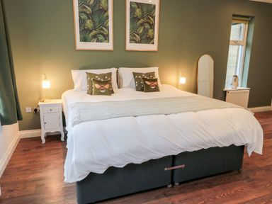 A bedroom with a bed with white bedding and green pillows with a bee design a white bedside table with a lamp a full length mirror and two framed leaf prints on the wall at St Aidans in Alnwick
